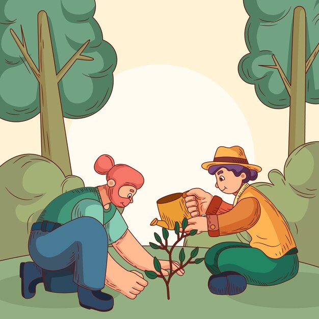 Dibujado a mano ilustración de plantación de árboles