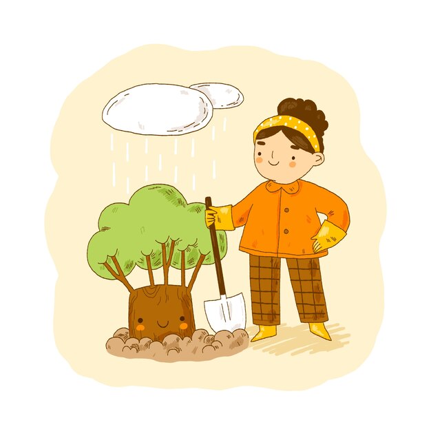 Dibujado a mano ilustración de plantación de árboles