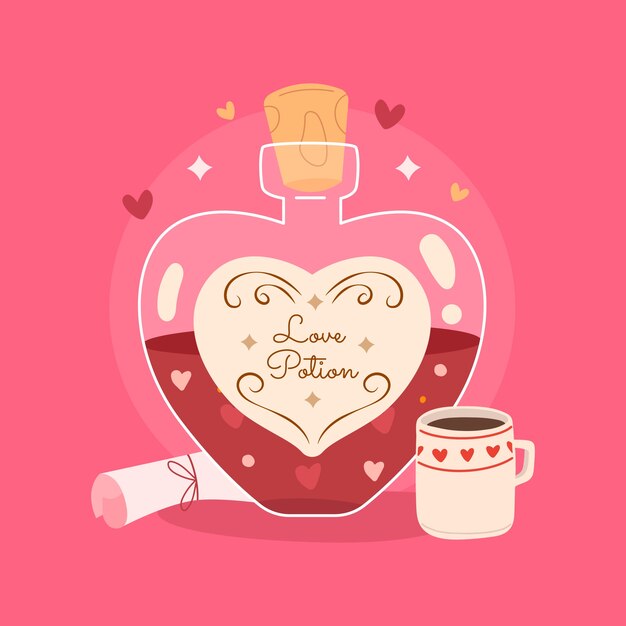 Dibujado a mano ilustración de poción de amor de diseño plano