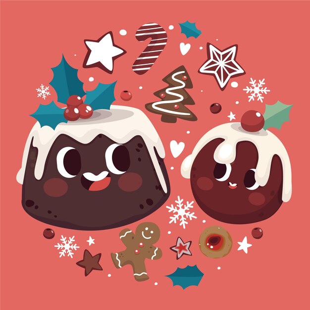 Dibujado a mano ilustración de pudín de navidad plano