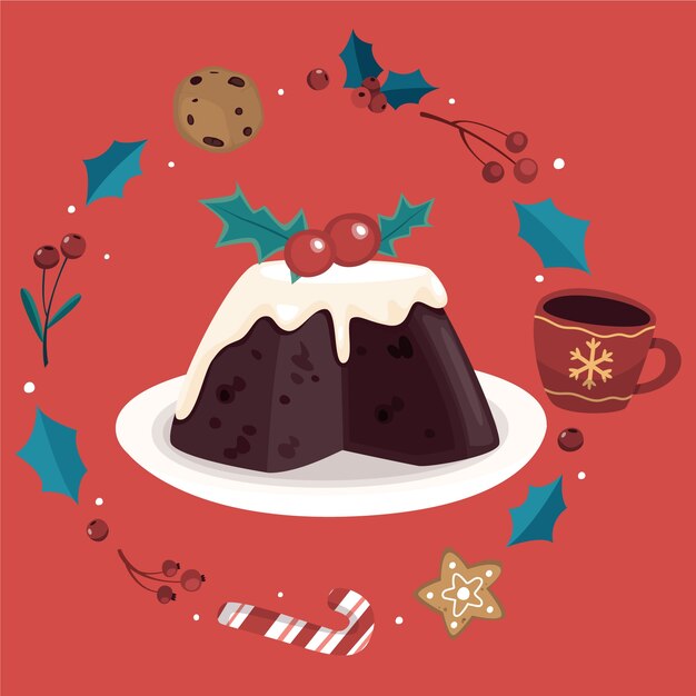 Dibujado a mano ilustración de pudín de navidad plano