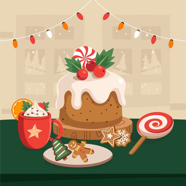 Dibujado a mano ilustración de pudín de navidad plano