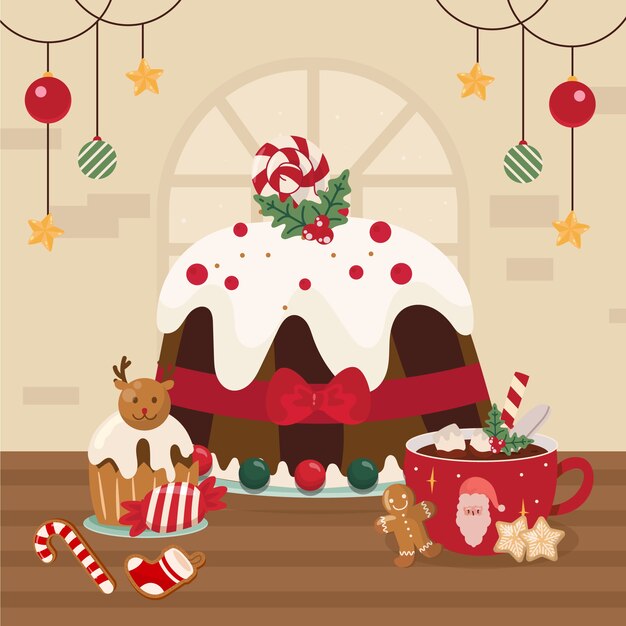 Dibujado a mano ilustración de pudín de navidad plano
