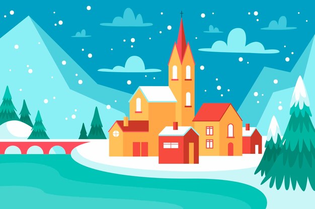 Dibujado a mano ilustración de pueblo de invierno plano