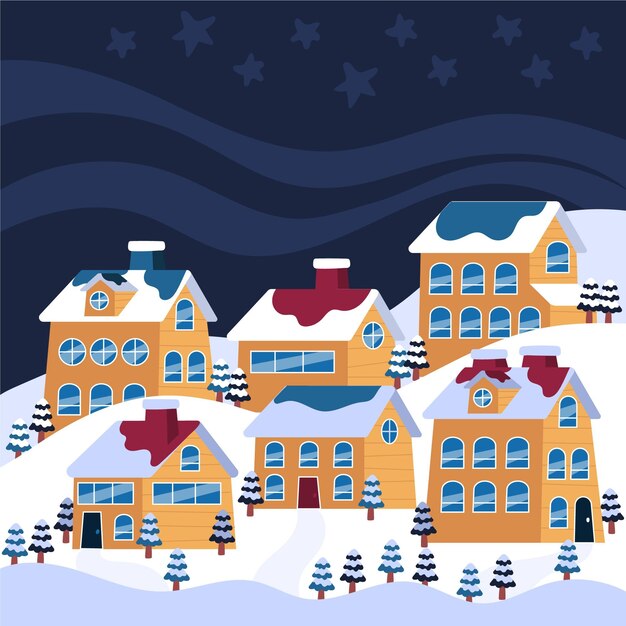 Dibujado a mano ilustración de pueblo de invierno plano