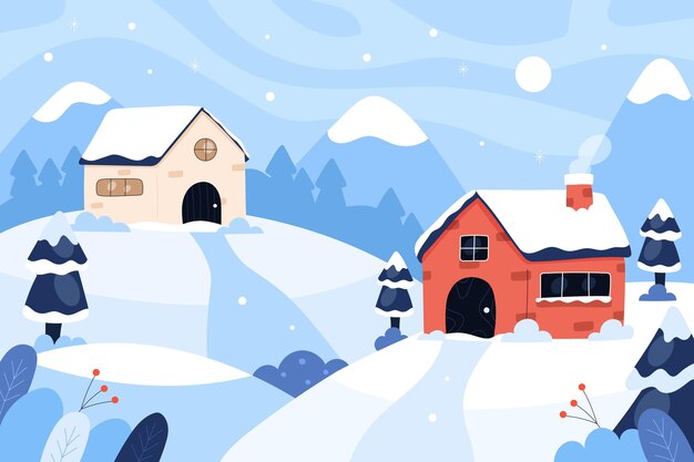 Dibujado a mano ilustración de pueblo de invierno plano