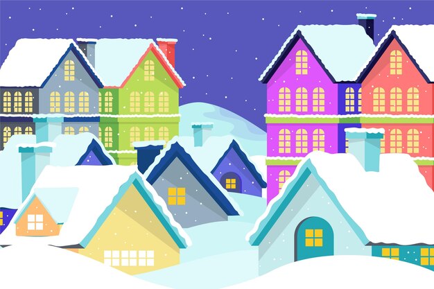 Dibujado a mano ilustración de pueblo de invierno plano