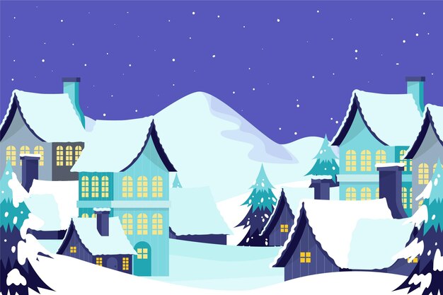 Dibujado a mano ilustración de pueblo de invierno plano
