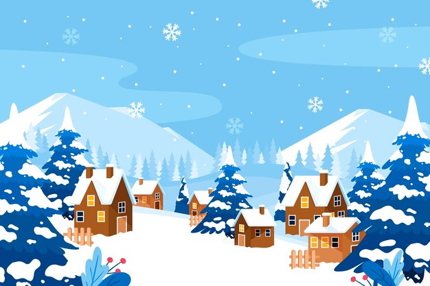 Dibujado a mano ilustración de pueblo de invierno plano