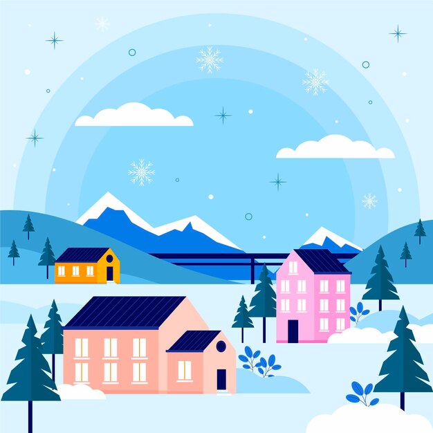 Dibujado a mano ilustración de pueblo de invierno plano