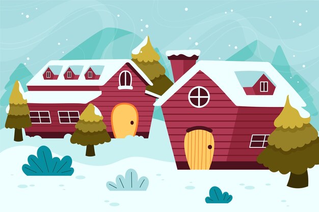 Dibujado a mano ilustración de pueblo de invierno plano