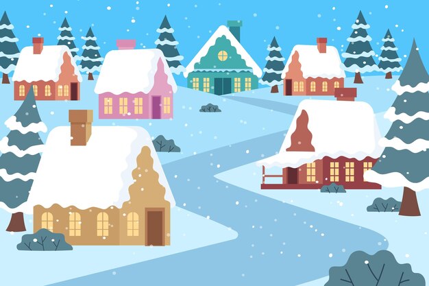 Dibujado a mano ilustración de pueblo de invierno plano
