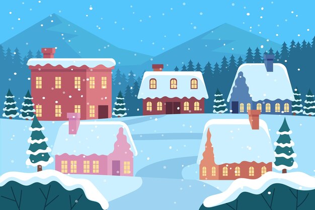 Dibujado a mano ilustración de pueblo de invierno plano