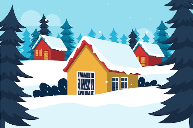 Dibujado a mano ilustración de pueblo de invierno plano