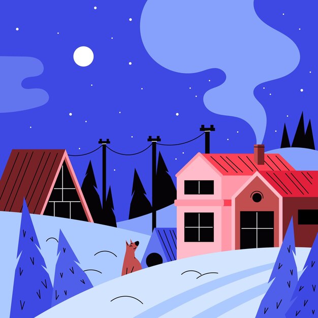 Dibujado a mano ilustración de pueblo de invierno plano