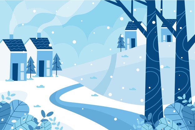 Dibujado a mano ilustración de pueblo de invierno plano
