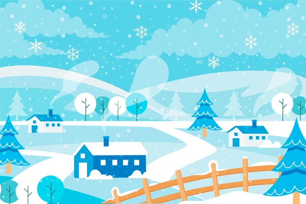 Dibujado a mano ilustración de pueblo de invierno plano