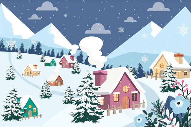Dibujado a mano ilustración de pueblo de invierno plano