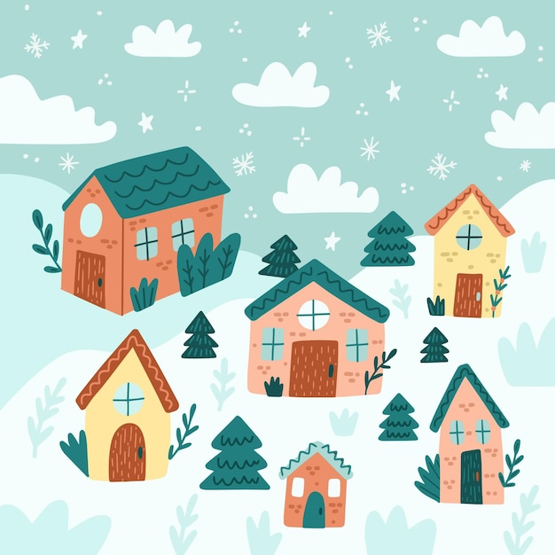 Dibujado a mano ilustración de pueblo de invierno plano