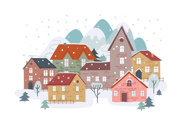 Dibujado a mano ilustración de pueblo de invierno plano