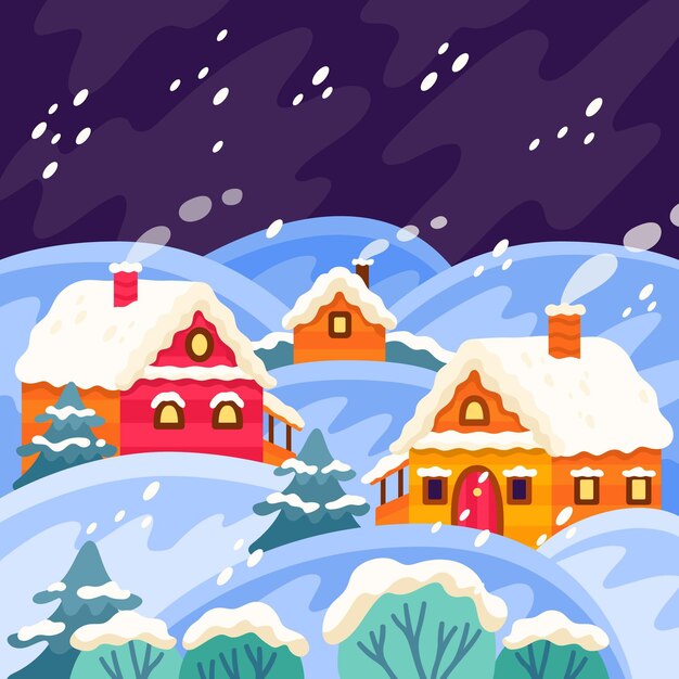 Dibujado a mano ilustración de pueblo de invierno plano