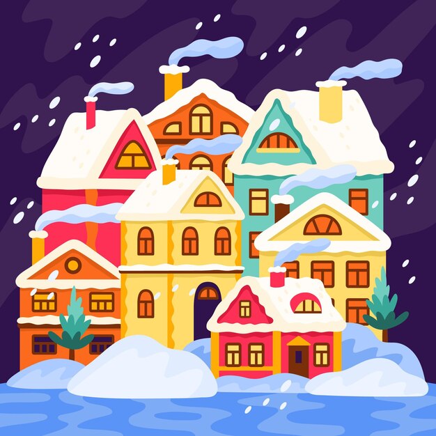 Dibujado a mano ilustración de pueblo de invierno plano