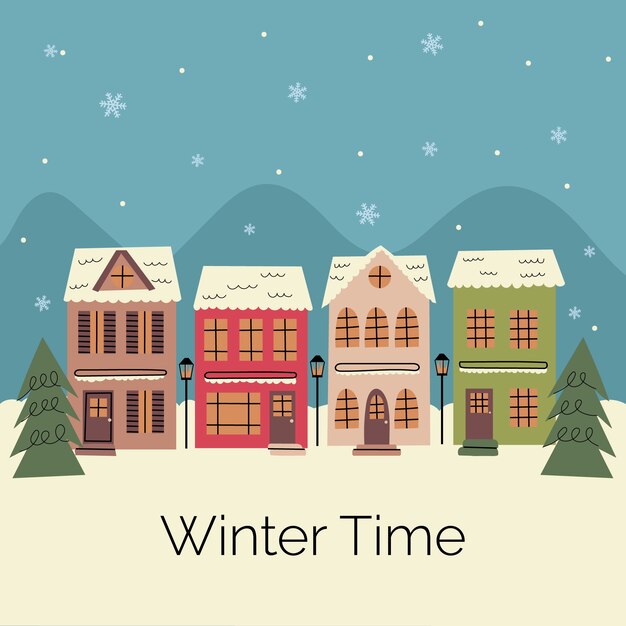 Dibujado a mano ilustración de pueblo de invierno plano