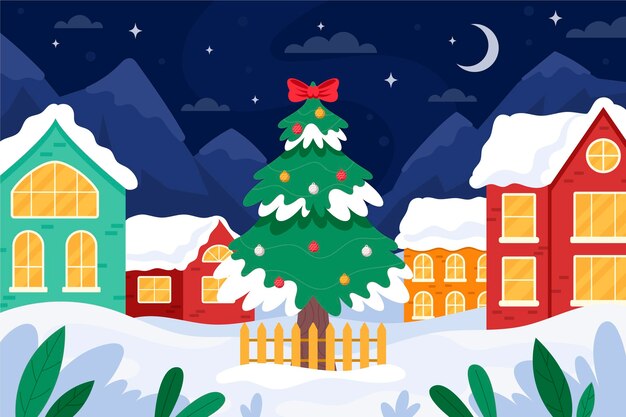 Dibujado a mano ilustración de pueblo de invierno plano