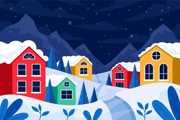 Dibujado a mano ilustración de pueblo de invierno plano