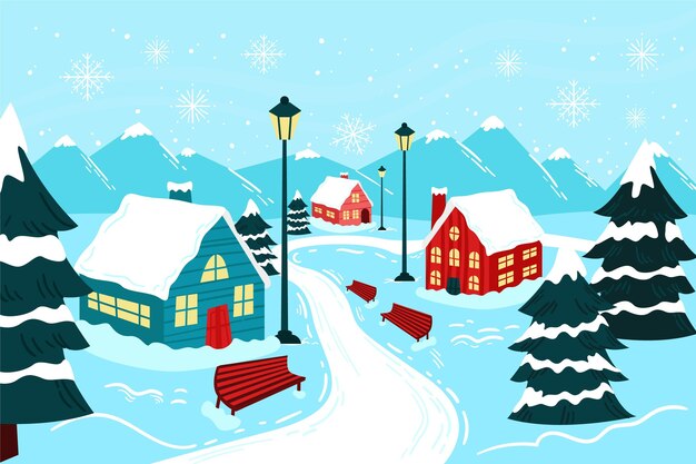 Dibujado a mano ilustración de pueblo de invierno plano
