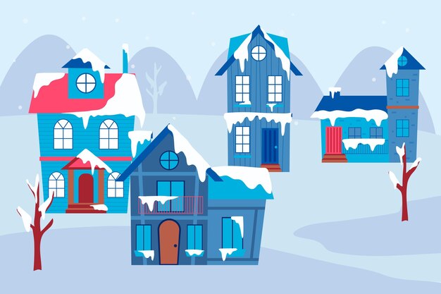 Dibujado a mano ilustración de pueblo de invierno plano