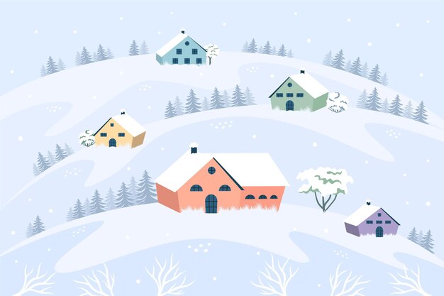 Dibujado a mano ilustración de pueblo de invierno plano