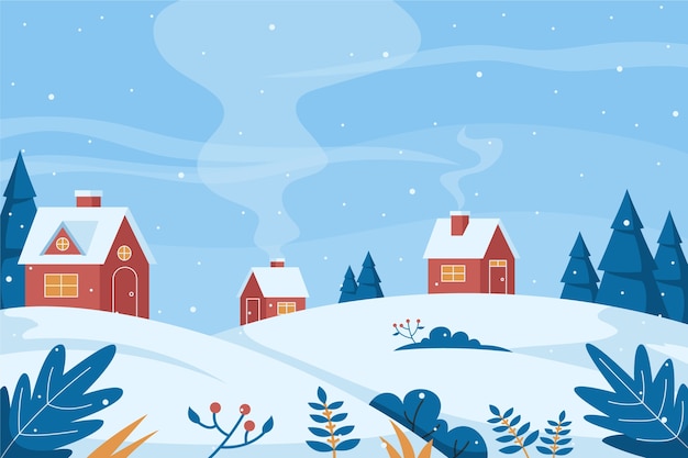 Dibujado a mano ilustración de pueblo de invierno plano