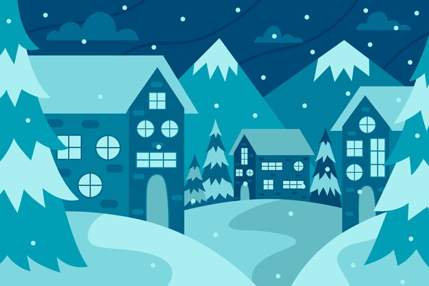 Dibujado a mano ilustración de pueblo de invierno plano