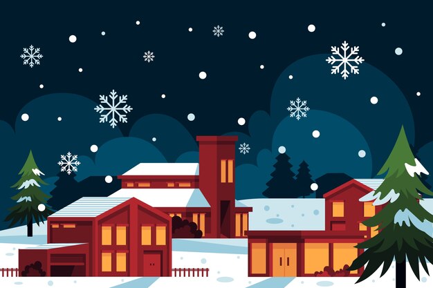 Dibujado a mano ilustración de pueblo de invierno plano