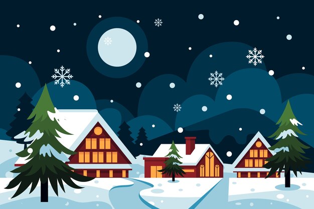 Dibujado a mano ilustración de pueblo de invierno plano