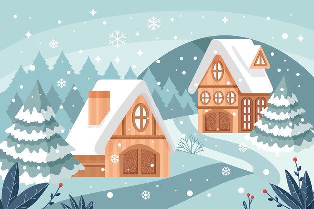 Dibujado a mano ilustración de pueblo de invierno plano