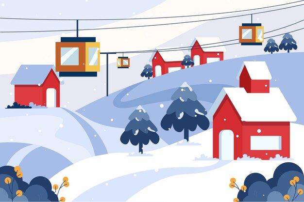 Dibujado a mano ilustración de pueblo de invierno plano