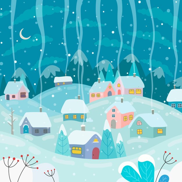Dibujado a mano ilustración de pueblo de invierno