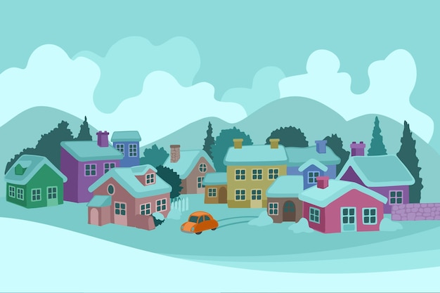 Dibujado a mano ilustración de pueblo de invierno