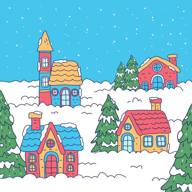 Dibujado a mano ilustración de pueblo de invierno
