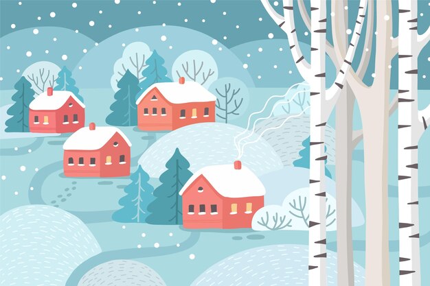 Dibujado a mano ilustración de pueblo de invierno
