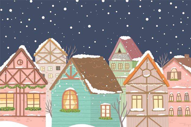 Dibujado a mano ilustración de pueblo de invierno