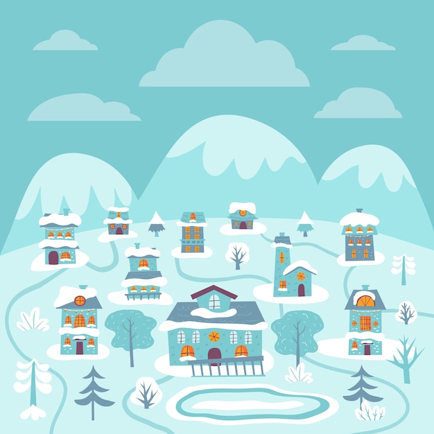 Dibujado a mano ilustración de pueblo de invierno