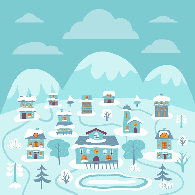 Dibujado a mano ilustración de pueblo de invierno