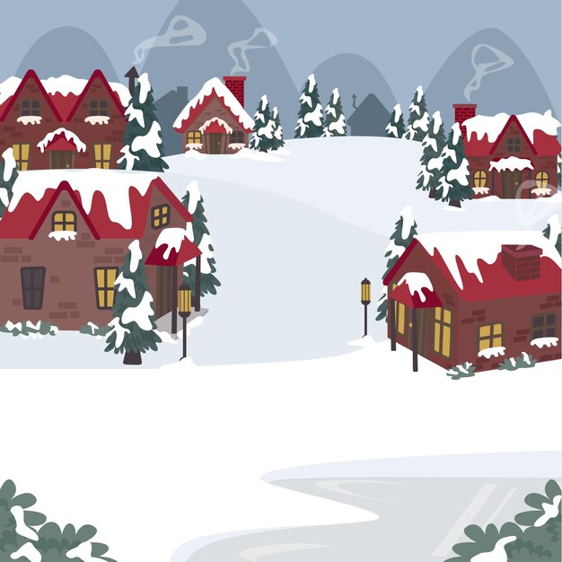 Dibujado a mano ilustración de pueblo de invierno