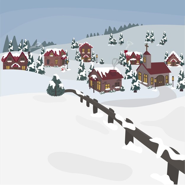 Dibujado a mano ilustración de pueblo de invierno