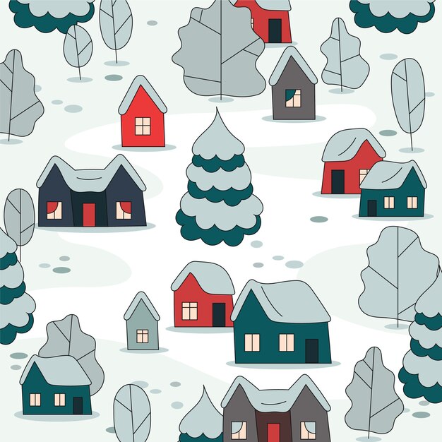Dibujado a mano ilustración de pueblo de invierno