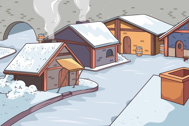 Dibujado a mano ilustración de pueblo de invierno