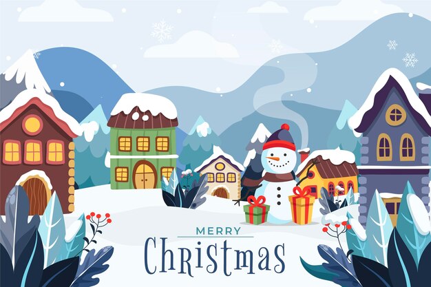 Dibujado a mano ilustración de pueblo de navidad plano